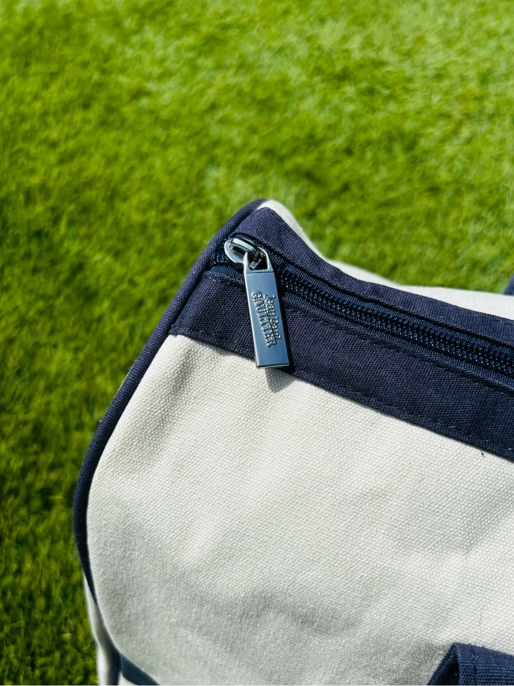 Jean Paul Gaultier White and Navy Striped Canvas Duffel
